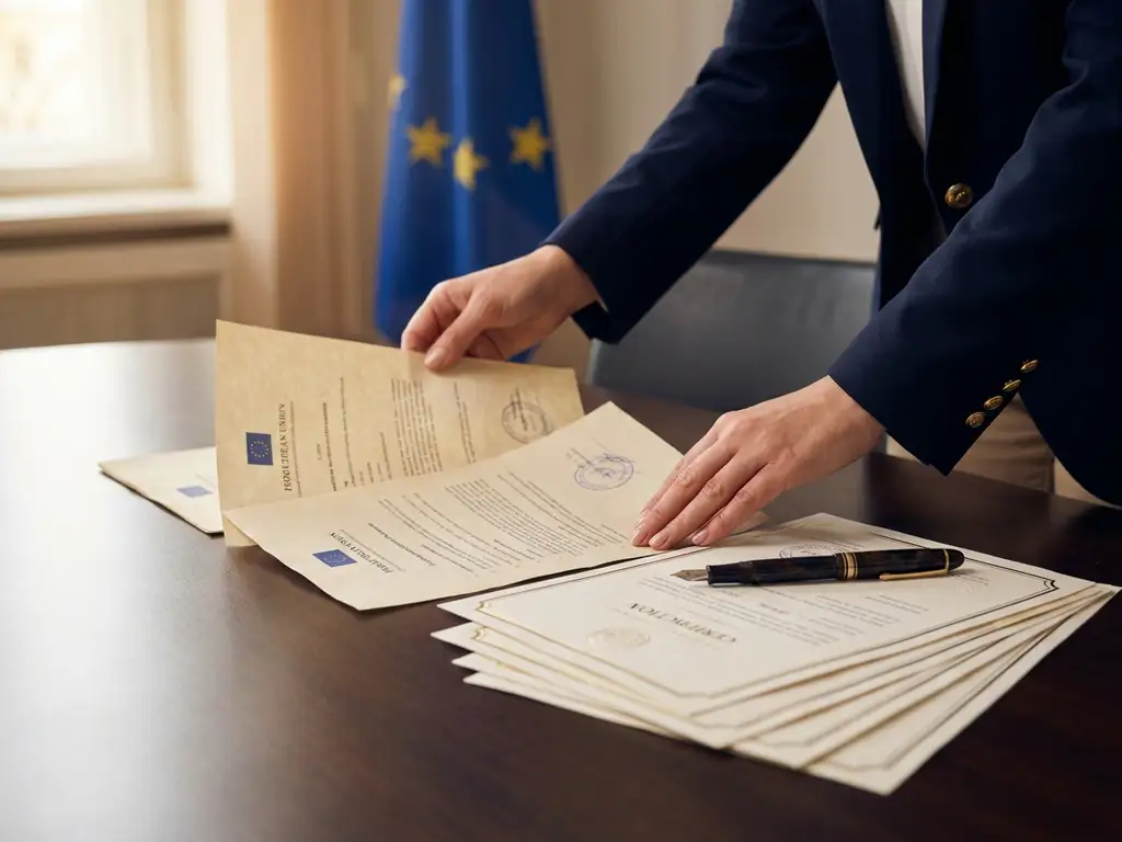 Consultanthanden spreiden Europese aanbestedingsdocumenten uit op vergadertafel, met vulpen en gecertificeerde stempelpapieren.