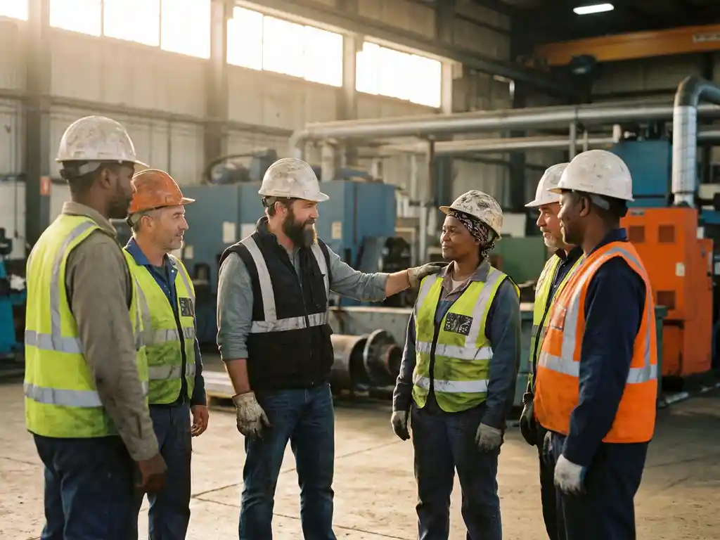 Industriële medewerkers in veiligheidsvesten en helmen staan in een kring op een fabrieksvloer, collega legt geruststellend hand op schouder.