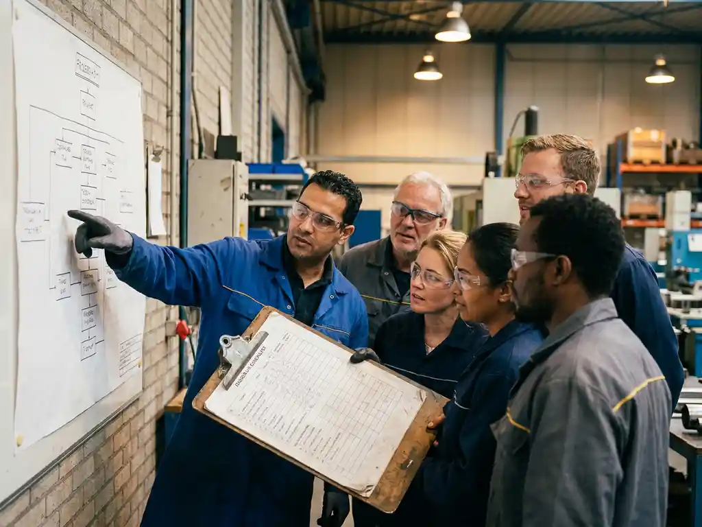 Diverse fabrieksteam bespreekt verbeterproces rond klembord met procesdiagram op industriële muur.