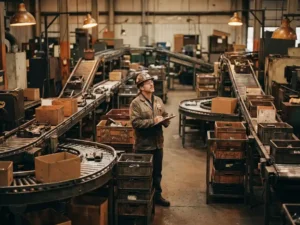 Kwaliteitsinspecteur met klembord op drukke fabriekshal met verwarde transportbanden en volle productkratten in warm industrieel licht.