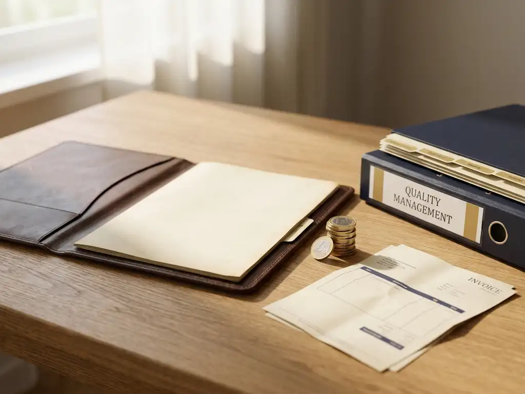 Open lederen documentmap op eikenhouten bureau met euromunten, gevouwen factuur en kwaliteitsmanagement ordner in warm natuurlijk licht.