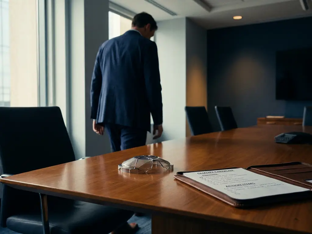 Gefrustreerde klant die vergadertafel verlaat, gebarsten productonderdeel achtergelaten, kwaliteitschecklist consultant op de voorgrond.