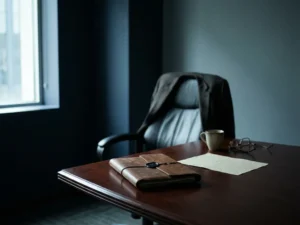 Verzegelde contractmap op glanzende vergadertafel naast omgekeerd certificaat, lege stoel weggeschoven, koud raamlicht, sfeer van gemiste kans.