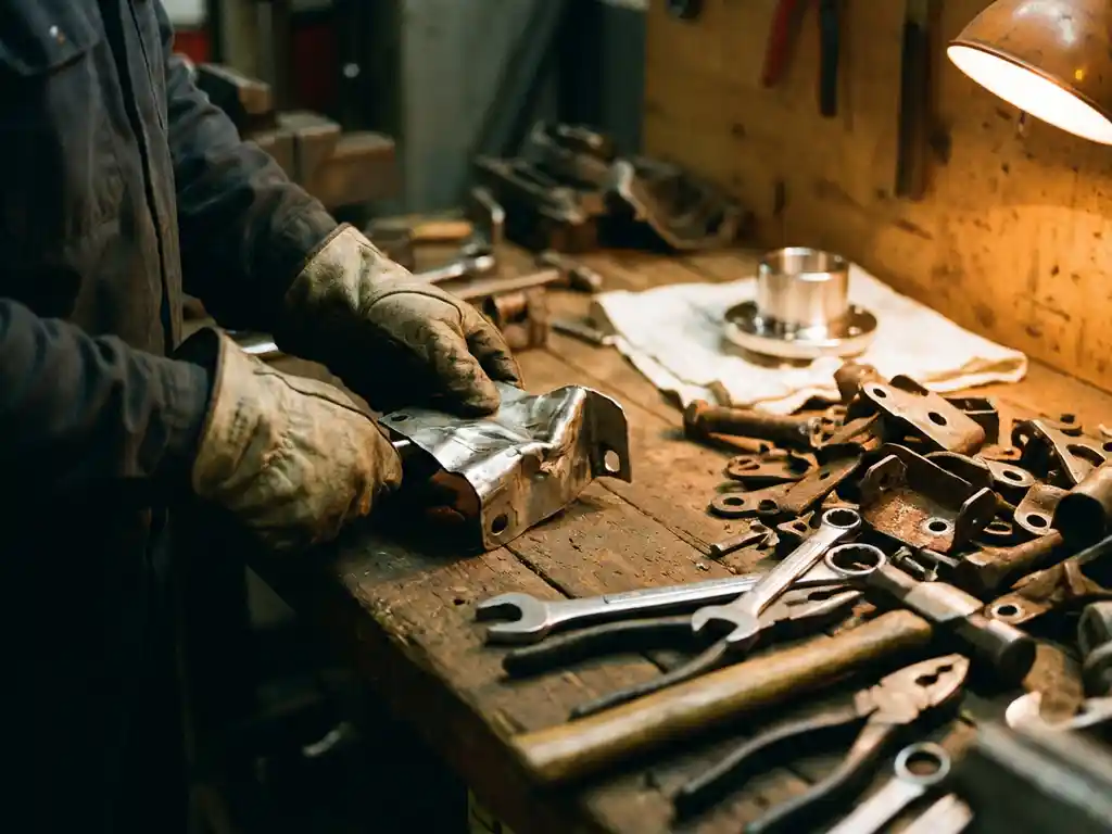 Gehandschoende handen die een vervormd metalen onderdeel rechttrekken op een industriële werkbank, omringd door afgekeurde onderdelen en gereedschap.