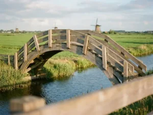 Houten brug over een kalme sloot in een weelderig groen polderlandschap, gebouwd met nauwkeurig in elkaar grijpende planken, warm ochtendlicht.