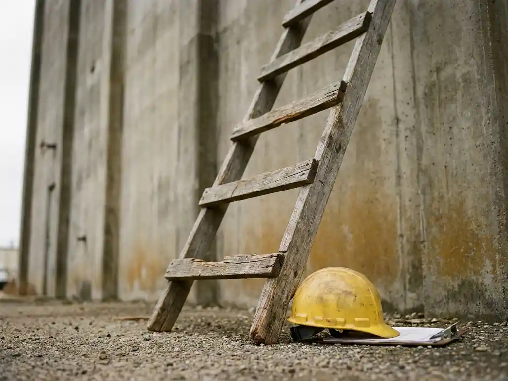 Verweerde houten ladder tegen betonnen industriële muur, met helm en klembord aan de voet.