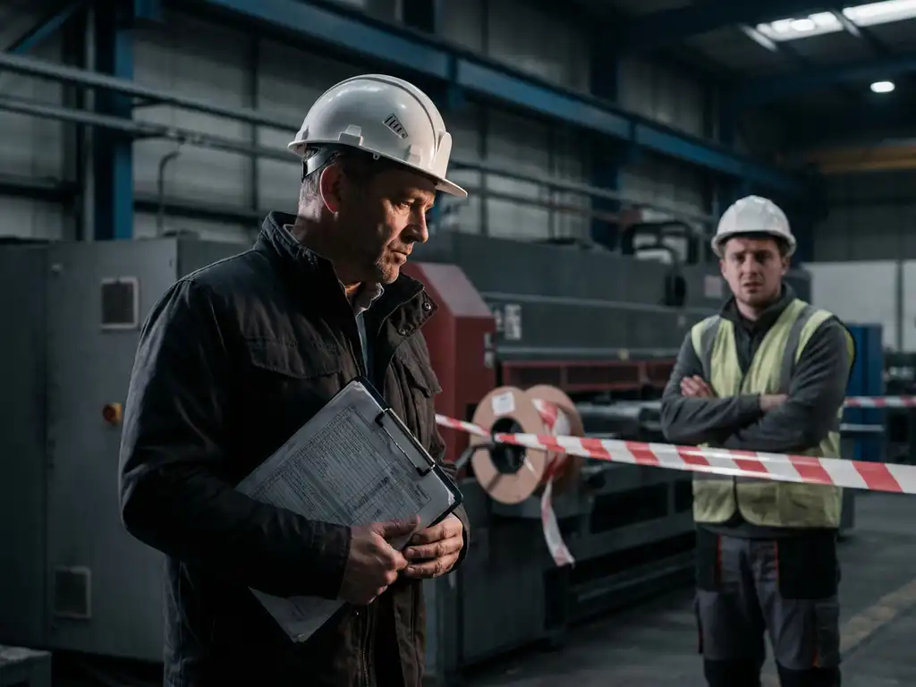 Auditor met helm controleert nalevingsklembord op industriële werkvloer, bezorgde arbeider op de achtergrond met rode waarschuwingstape.