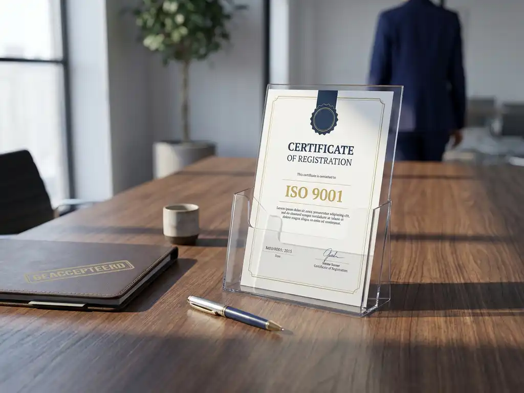 ISO 9001-certificaat in documenthouder op vergadertafel, met pen en goedkeuringsmap in modern Nederlands kantoor.