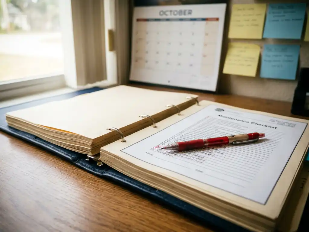 Versleten ISO 9001-certificeringmap open op kantoorbureau met rode pen op onderhoudsChecklist, kalender en sticky notes op achtergrond.