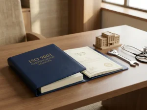 Open ISO 9001-certificeringsbinder op een zakelijk bureau naast een architectuurmodel, moersleutel en stethoscoop die diverse sectoren vertegenwoordigen.