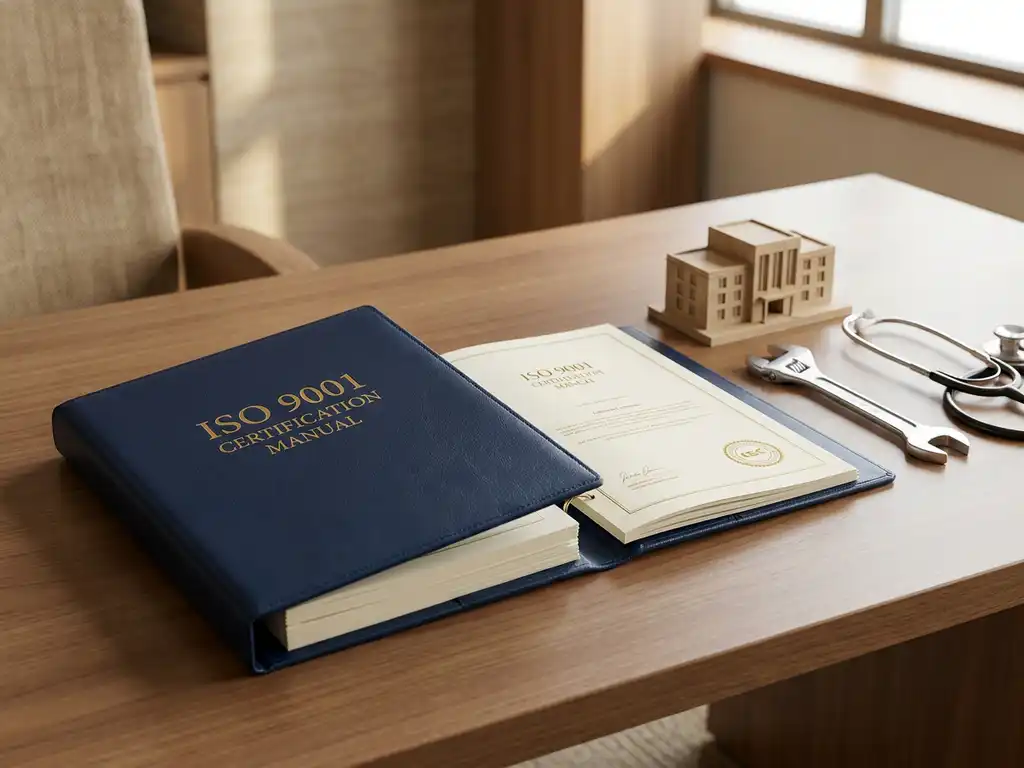 Open ISO 9001-certificeringsbinder op een zakelijk bureau naast een architectuurmodel, moersleutel en stethoscoop die diverse sectoren vertegenwoordigen.