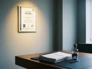 ISO-certificaat aan kantoorwand met ongetekend tenderdocument, bedrijfsstempel en pen op modern bureau op de voorgrond.
