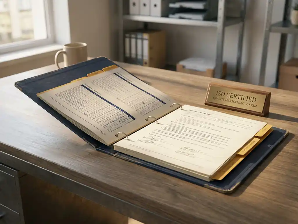 Open ordner met processdocumenten en ondertekende checklists op een bureau, naast een ISO-certificeringsplaquette, in warm kantoorlicht.