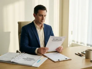 Consultant in zakelijk pak bekijkt ISO-certificeringsdocument aan bureau met kwaliteitsmanagement-ringband en checklist.