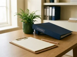 Houten bureau met leeg formulier op klembord, potlood, ISO-normen map en kamerplant in warm natuurlijk licht.