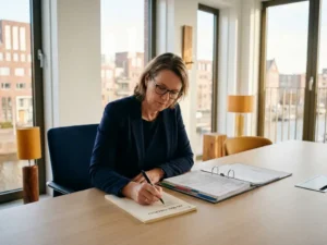 Auditor controleert ISO 9001-checklist aan vergadertafel in modern Nederlands kantoor met natuurlijk daglicht.