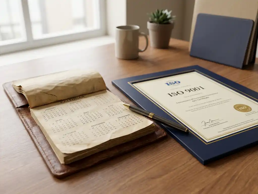 Versleten leren bureaukalender met driejarig overzicht naast ISO 9001-certificaat en pen, warm kantoorlicht.