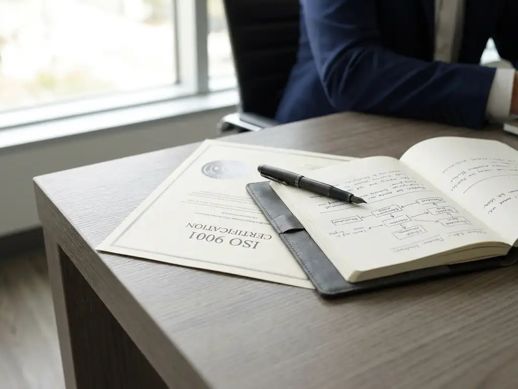 ISO 9001-certificeringsdocument op modern bureau naast notitieboek met procesnoten en pen, in warm natuurlijk licht.