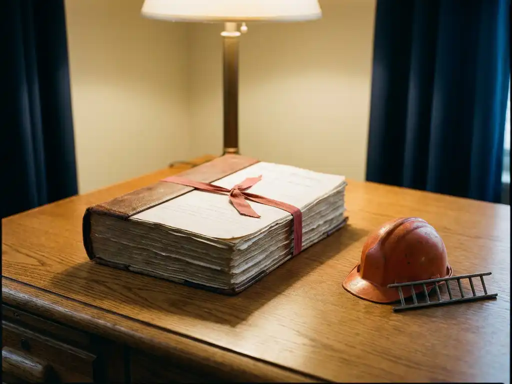 Juridisch document gebonden met rood lint op eikenhouten bureau, naast miniatuur veiligheidshelm en trapvormige presse-papier.
