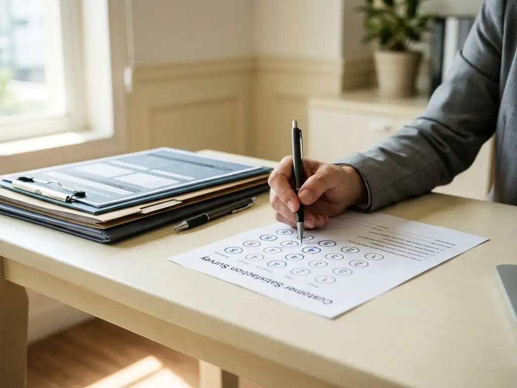 Kwaliteitsmanager bekijkt ingevulde klanttevredenheidssurvey op bureau, pen naast beoordelingsscores, klembord op achtergrond, zacht natuurlijk licht.