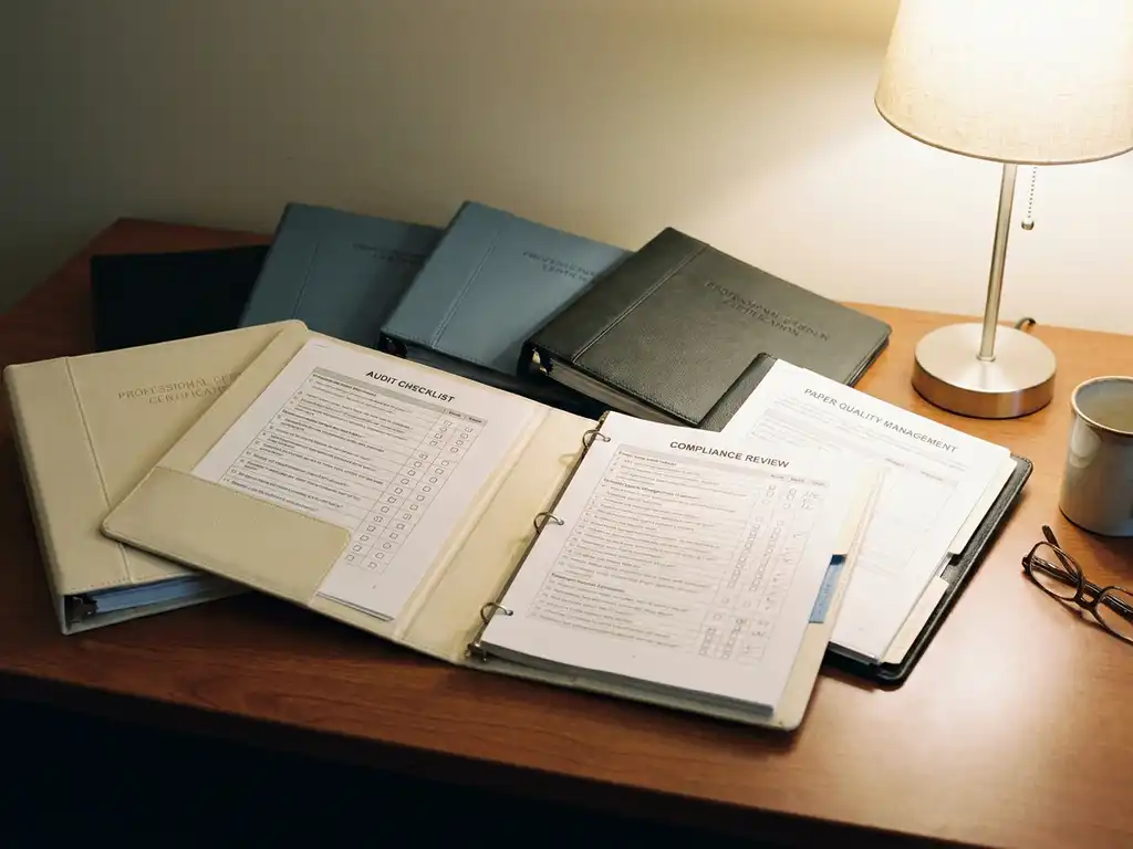 Opengeslagen auditchecklist in een kwaliteitsmanagementsysteem-ordner, omgeven door certificeringsdocumenten op een kantoorbureau.