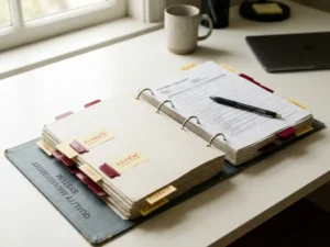Open kwaliteitsbeheer-ringband op kantoorbureau met rode correctietabs, plaknotities en pen op half ingevulde ISO-checklist.