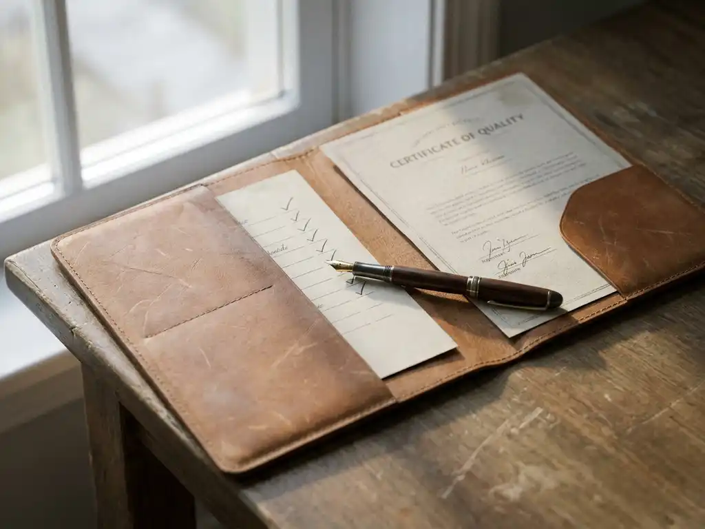 Opengeslagen leren portfolio op bureau met kwaliteitscertificaat, checklist en pen in warm natuurlijk licht.