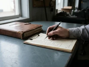 Kwaliteitsconsultant ondertekent procescontrolelijst op klembord, met mechanisch potlood en inspectiegids op industrieel stalen bureau.