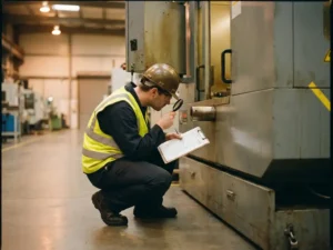 Kwaliteitscontroleur in veiligheidsvest inspecteert industrieel onderdeel met klembord naast machines op schone fabriekshal vloer.