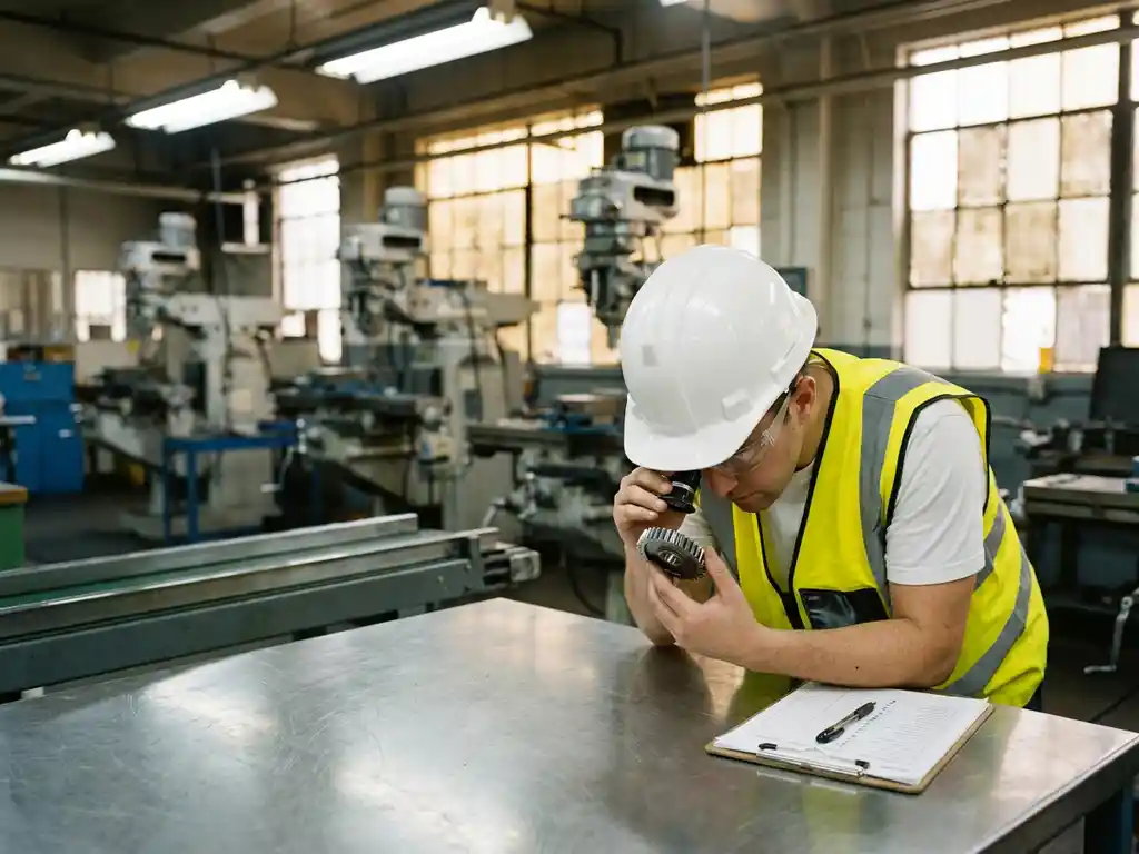 Kwaliteitsinspecteur met helm onderzoekt precisie metaalonderdeel op roestvrijstalen werkbank in fabriek.