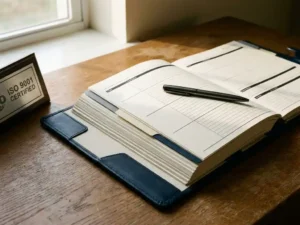 Open kwaliteitshandboek met tabbladen en pen op een eikenhouten bureau, met een ISO 9001-certificaatplaquette op de achtergrond.