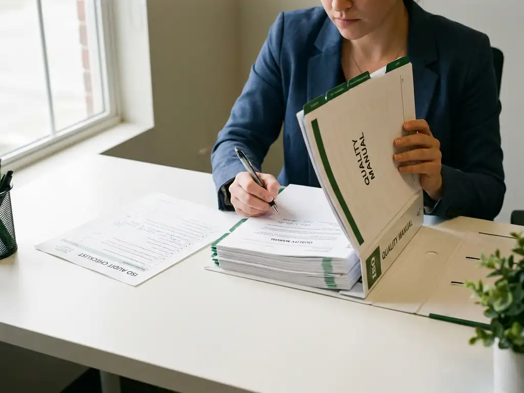 Professional die een ISO-auditchecklist annoteert in een kwaliteitsmanagementmap op een zakelijk bureau, zachte natuurlijke belichting.