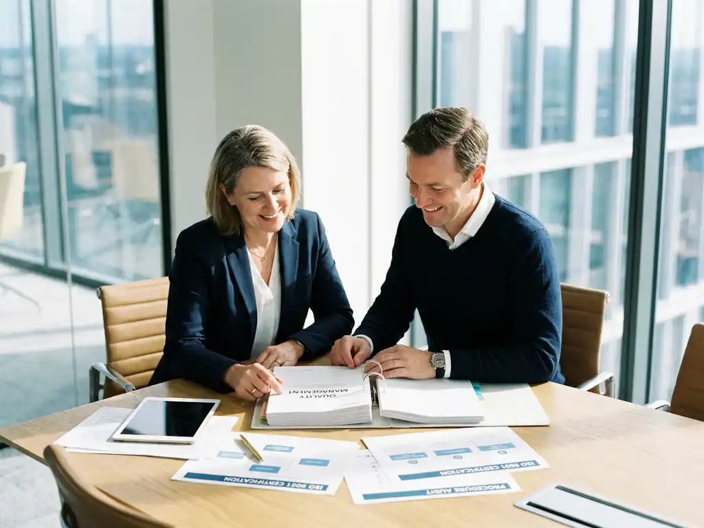 Consultant en klant bekijken samen een kwaliteitsmanagementmap met ISO-certificeringsdocumenten aan een moderne vergadertafel.