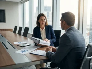 Consultant overhandigt kwaliteitsmanagementmap aan directeur, met ISO-certificeringsdocumenten op vergadertafel in moderne boardroom.