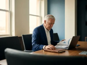Senior professional in zakelijk pak bestudeert managementrapport aan vergadertafel met kwaliteitshandboek en laptop in lichte vergaderruimte.