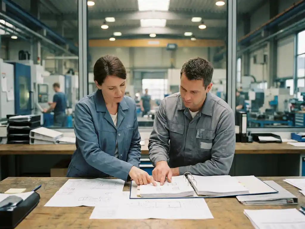 Kwaliteitsmanager en productieleider bekijken samen technische specificaties in een map op een industriële werktafel, fabrieksvloer zichtbaar op de achtergrond.