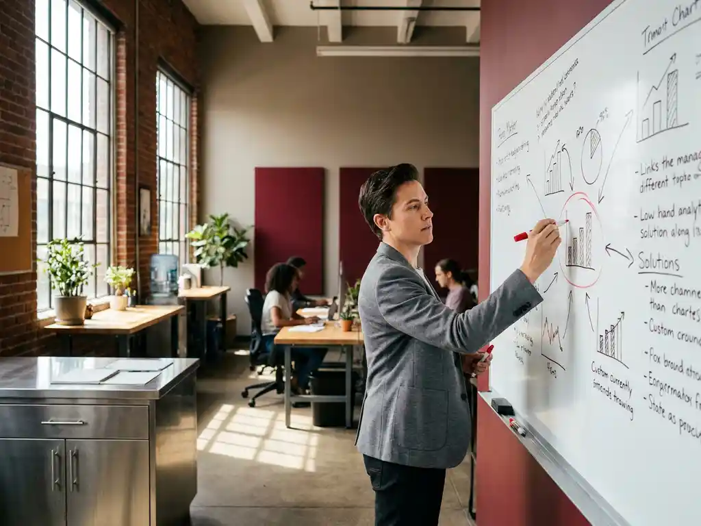 Kwaliteitsmanager cirkelt terugkerend klachtenpatroon op whiteboard met rode marker in modern industrieel kantoor.