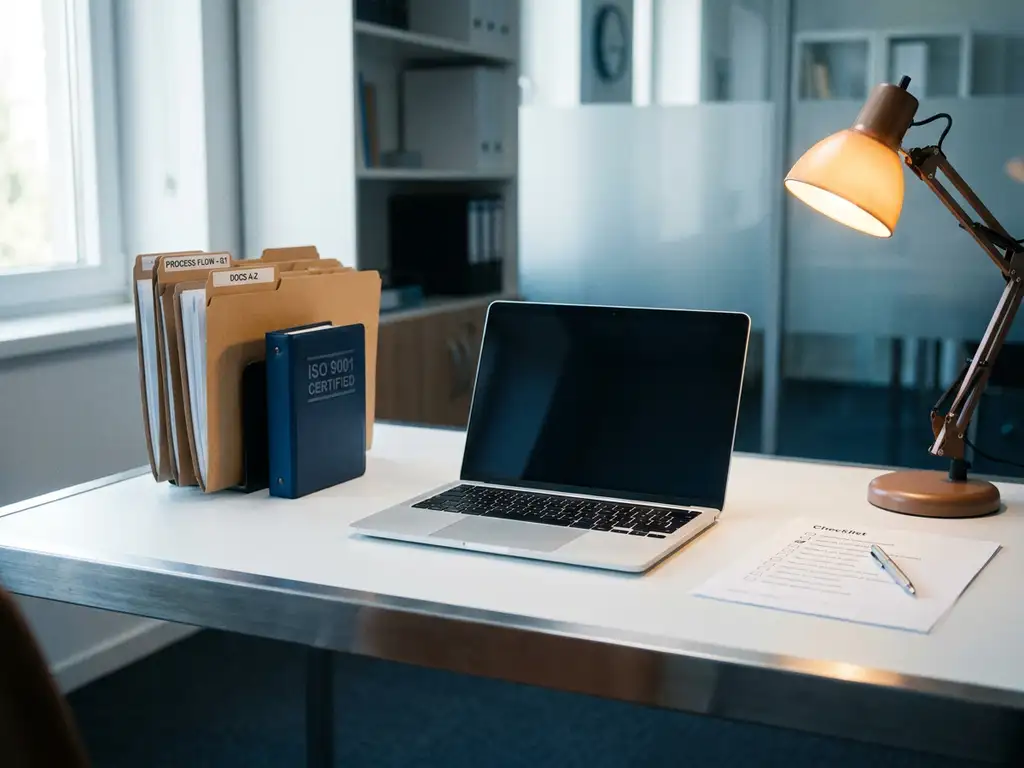 Laptop op modern bureau omringd door processdocumentatiemappen, ISO-certificeringsbinder en checklist in professionele kantooromgeving.