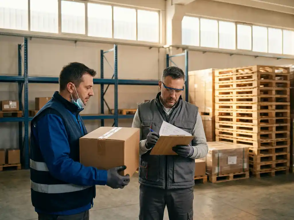 Leverancier overhandigt verzegelde kartonnen doos aan kwaliteitsmanager met clipboard in industrieel magazijn.