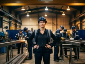 Manager met helm en zakelijk overhemd op actieve industriële werkvloer, medewerkers op de achtergrond, warm gouden licht.