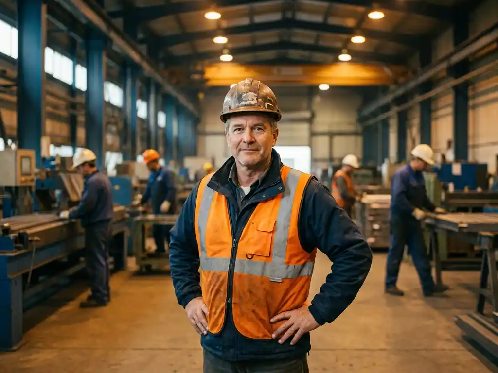 Manager met helm en veiligheidsvest op actieve industriële werkvloer, arbeiders op de achtergrond, warm amberkleurig licht.