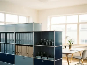 Modulaire kast met geordende ordners, procesmappen en industriële apparaatsamples in een professionele werkruimte met warm natuurlijk licht.