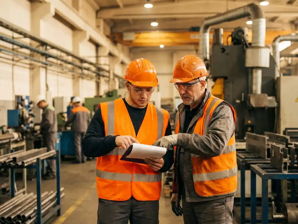 Nieuwe medewerker met veiligheidsvest bestudeert veiligheidschecklist op klembord samen met ervaren collega op industriële werkvloer.