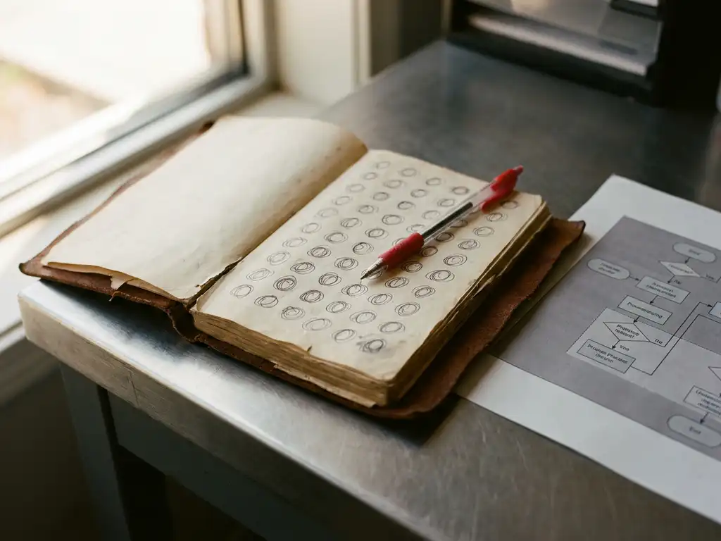 Versleten notitieboek met herhaalde handgeschreven cirkels, rode pen rustend op de pagina, naast een processtroomschema op een industrieel bureau.