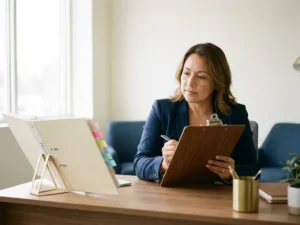 Kwaliteitsmanager beoordeelt onderhoudsChecklist op klembord aan bureau met ISO-map en plaknotities, professionele werkomgeving.