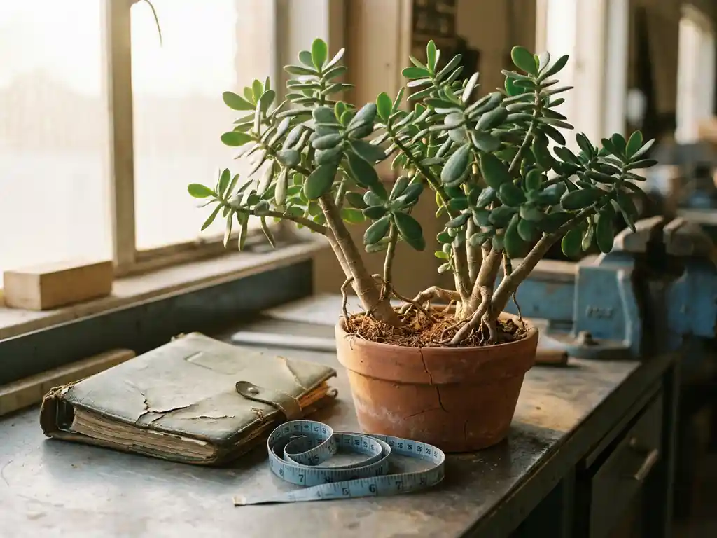 Groene plant met uitdijende wortels in gebarsten aarde op industrieel bureau, naast veiligheidsmap en meetlint, warm zijlicht.