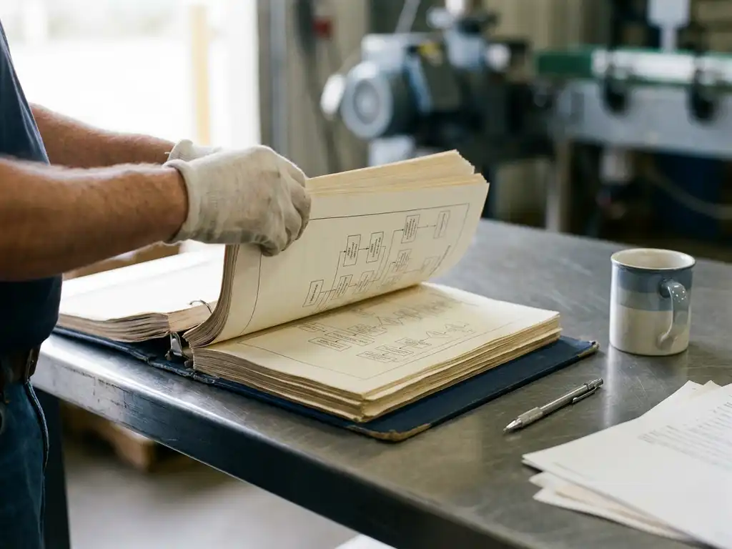 Kwaliteitsconsultant bladert door procesdocumentatiemap met werkstroomdiagrammen op industrieel bureau, koffiemok en potlood erbij.