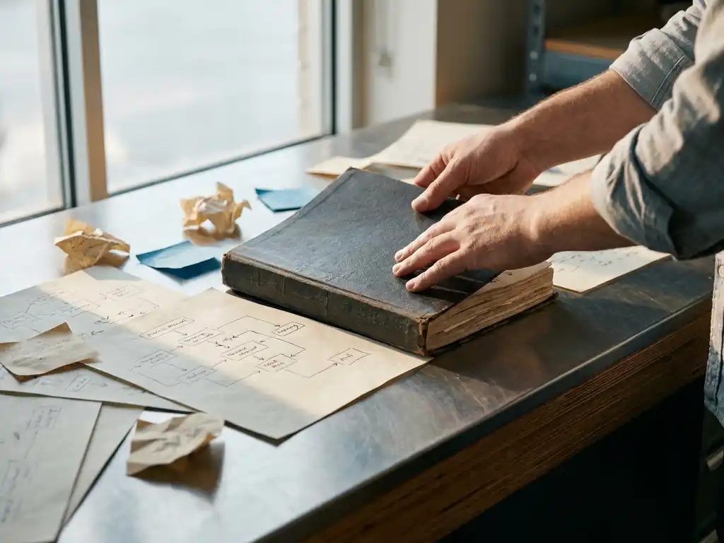 Handen die een open proceshandleiding sluiten op een industrieel bureau, omringd door sticky notes met handgeschreven workflows.