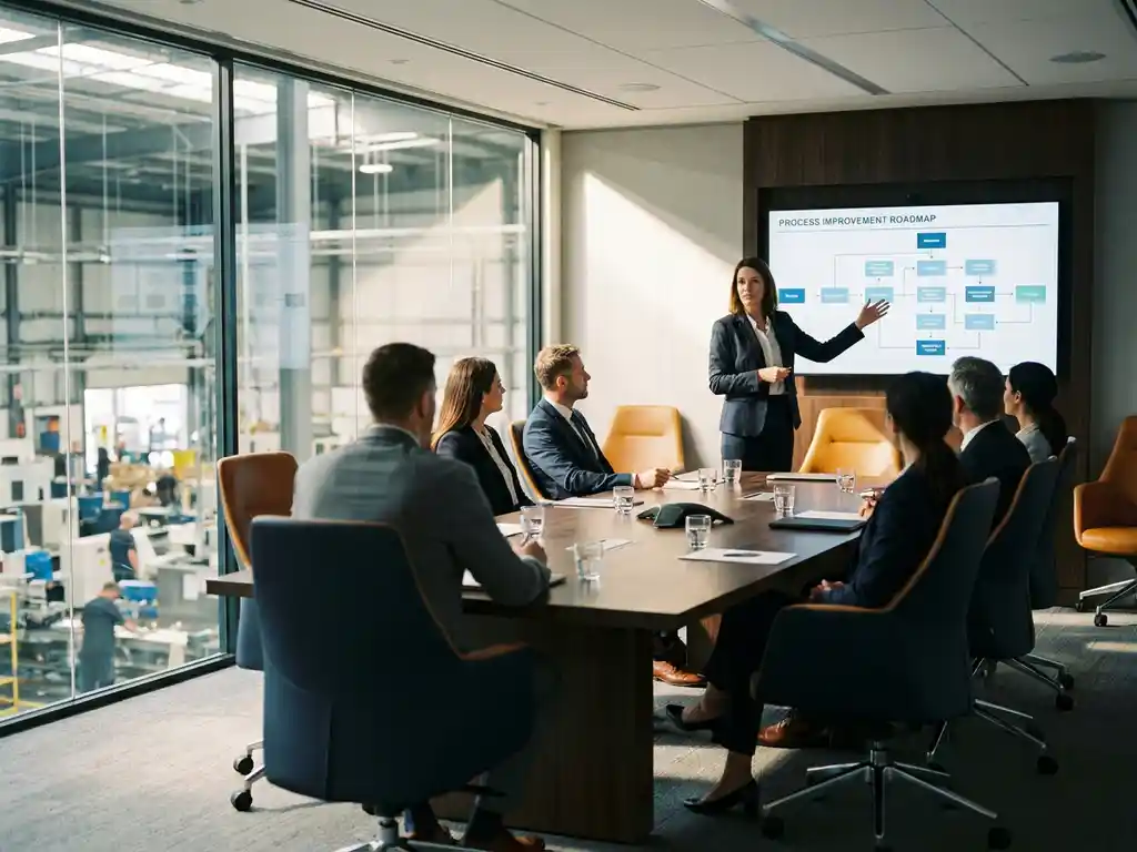 Consultant in pak presenteert procesverbeteringsroadmap aan stakeholders in moderne boardroom met uitzicht op fabriekshal.