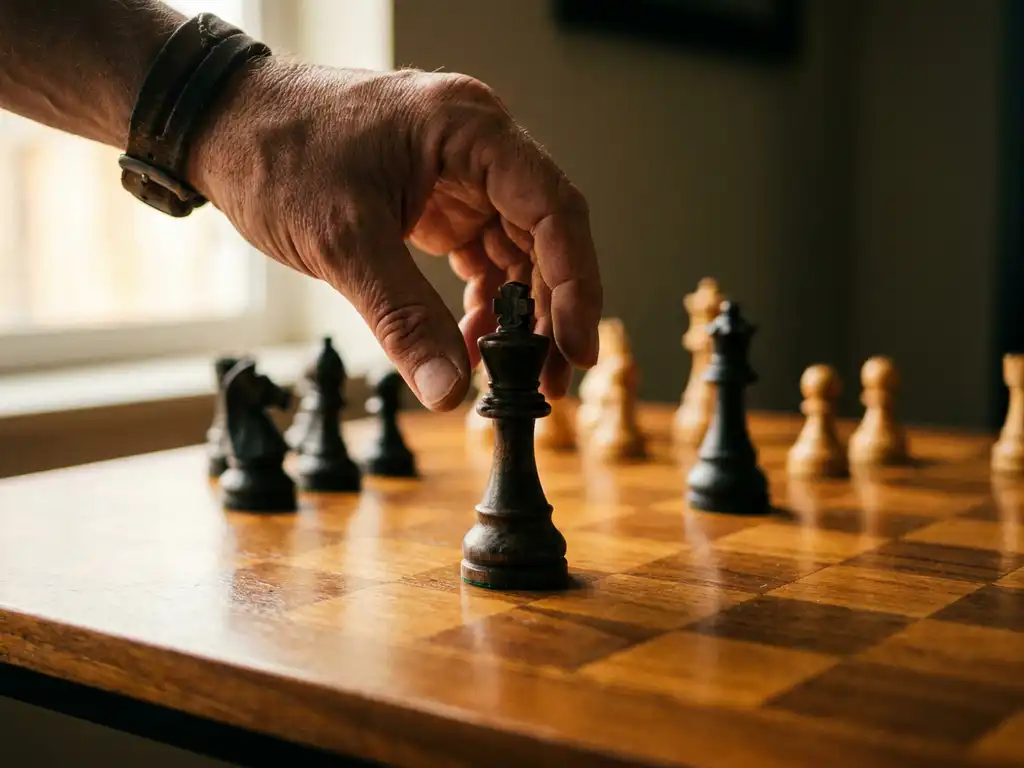Hand die zweeft boven een vrijstaande koning op een houten schaakbord, omringd door strategisch opgestelde stukken in warm amberkleurig licht.